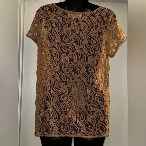 Loft Shirt Camel Tan Floral Overlay Lace Unlined Shirt Blouse - Picture 3 of 5